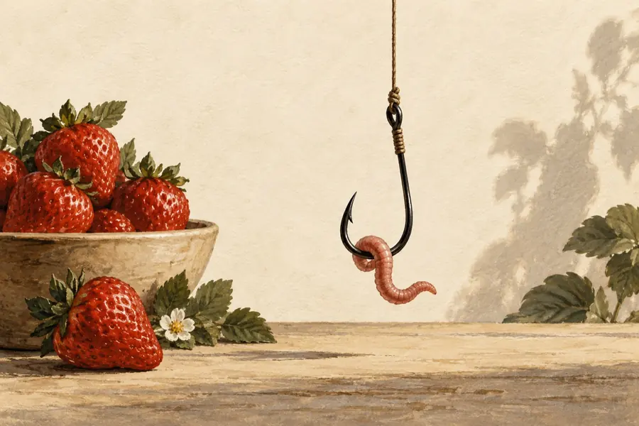 Un anzuelo con un gusano junto a un cuenco de fresas